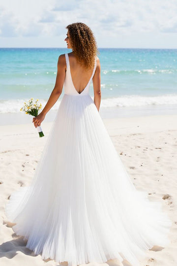 Simple Ivory V Neck A Line Wedding Dress